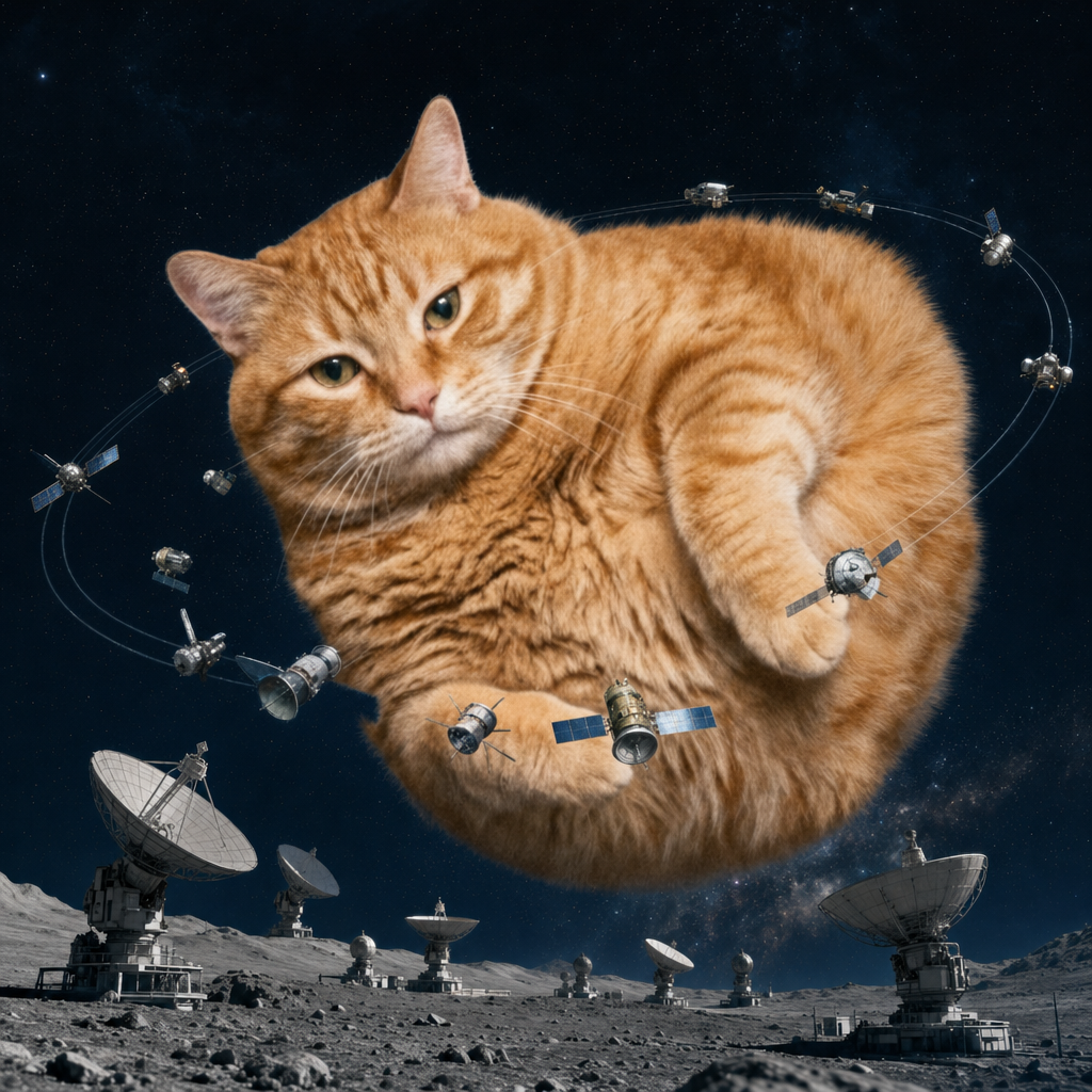 Space Chonk curled in orbit above a lunar field of radio dishes, ringed by satellites